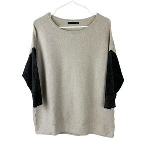 Zara Knit Gray Ribbed Mixed Media  Sweater With Faux Leather Sleeves